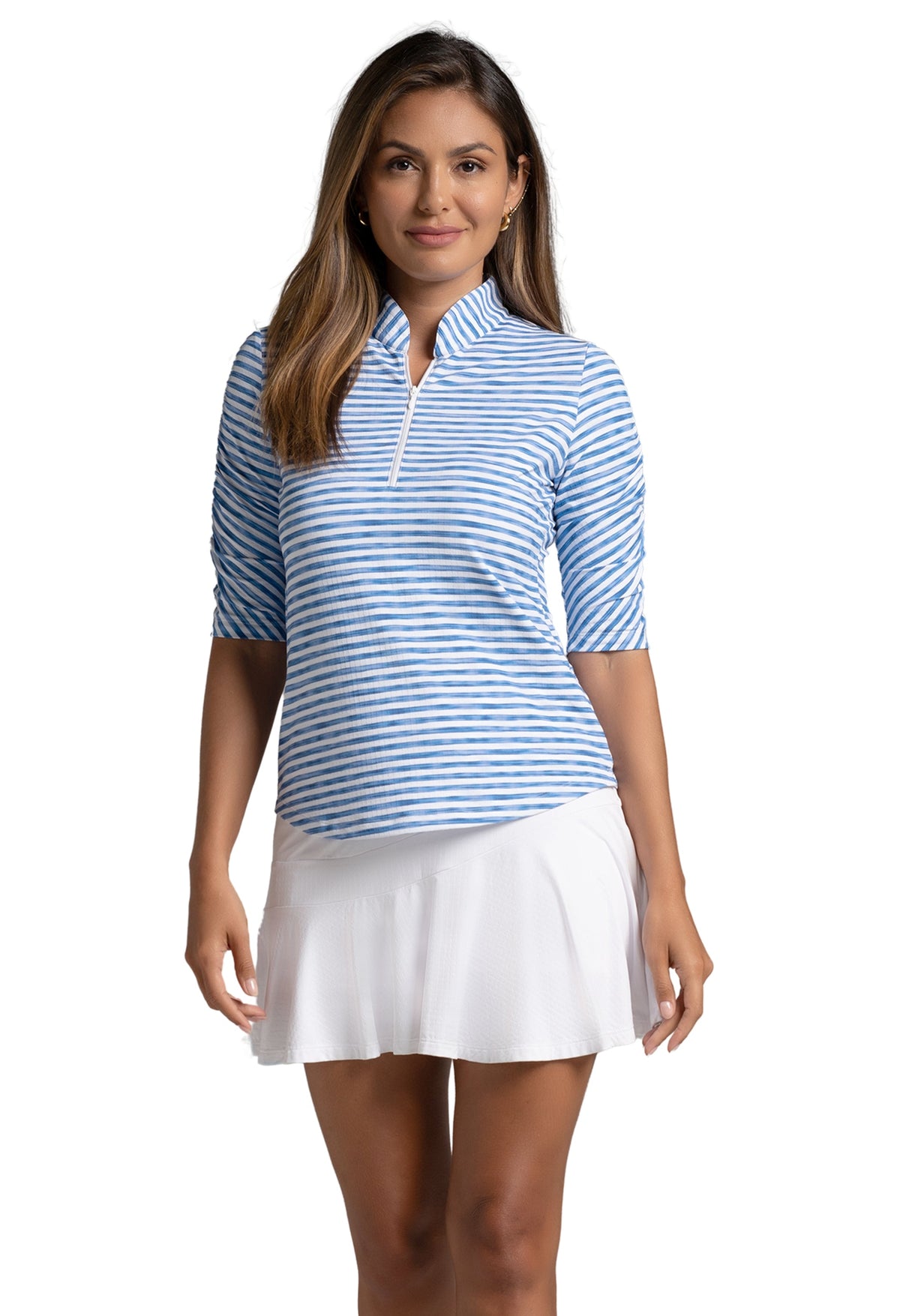 Landon Stripe II Print Ruched Elbow Sleeve Top - 41164